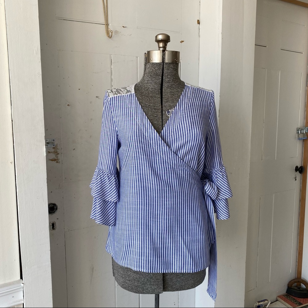 Suzanne Betro Chambray Stripe Wrap Top Blouse Tiered Ruffle Sleeves Lace Insert